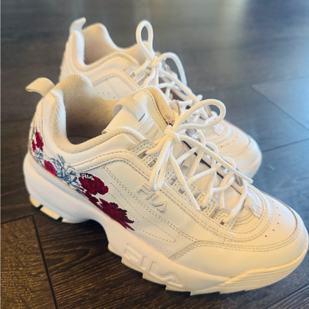 Fila Women's White Sneakers with Red and Blue Floral Design